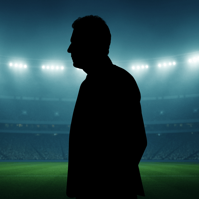 Silhouette di un allenatore italiano in uno stadio di calcio illuminato, simbolo degli allenatori italiani senza squadra nel 2025