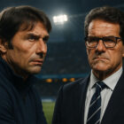 Antonio Conte e Fabio Capello a confronto in uno stadio di calcio illuminato, ritratto realistico in stile cinematografico 3D.