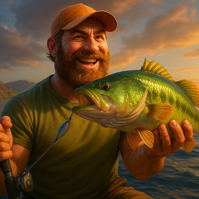 Slot Big Bass Bonanza raffigurata con pescatore che solleva un grosso pesce verde in un lago realistico al tramonto.