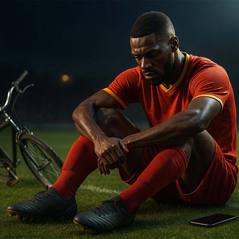 Ousmane Dramé seduto sull’erba di notte, con la testa china e accanto una bicicletta e un telefono, simboli della caduta di un talento del calcio tra sogni infranti e rimpianti.