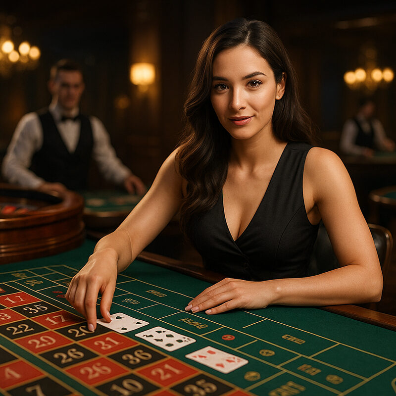 Croupier in smoking al tavolo da roulette in un casinò live online con giocatori collegati in streaming e luci cinematografiche realistiche.