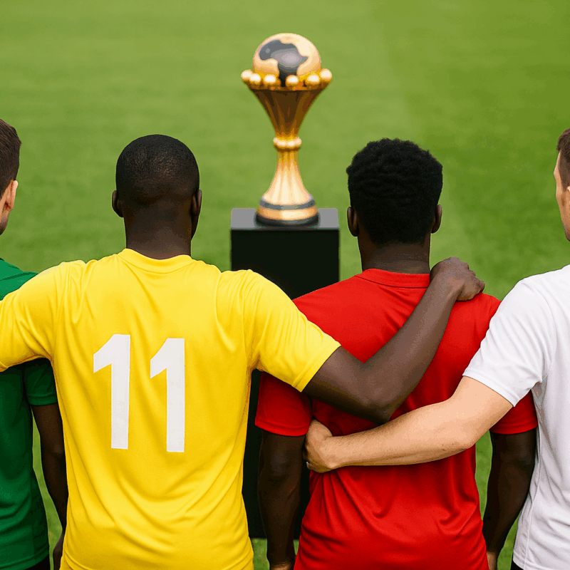 Giocatori di calcio di diverse etnie visti di spalle che osservano la Coppa d’Africa su un piedistallo in uno stadio. Chi partecipa alla Coppa d’Africa