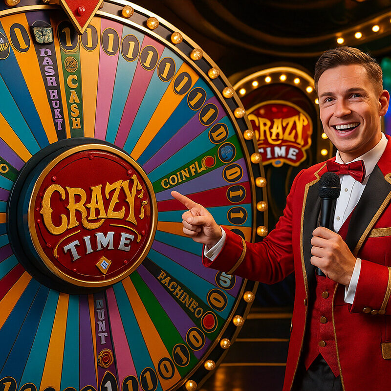 Conduttore accanto alla ruota colorata della slot Crazy Time di Evolution Gaming, scena live in stile realistico con atmosfera cinematografica.