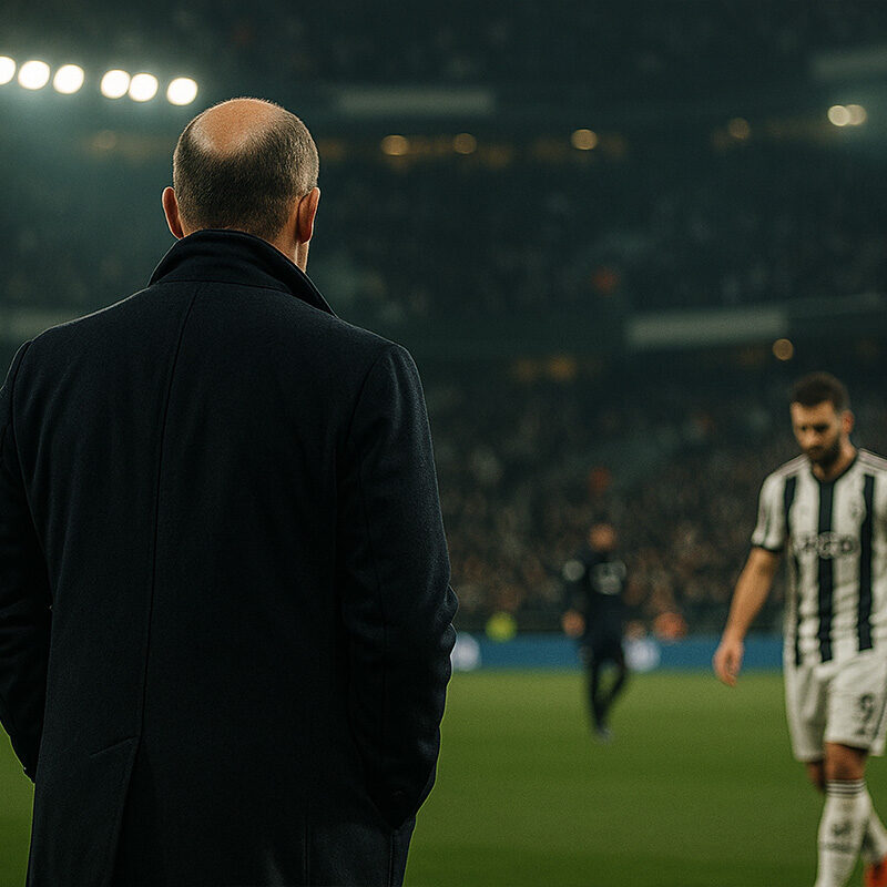 Allenatore della Juventus visto di spalle in uno stadio pieno, durante un momento di crisi della squadra, con giocatori bianconeri sul campo e atmosfera tesa e malinconica.