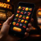 Giocatore che usa lo smartphone per giocare alle slot da mobile in un ambiente moderno, con luci colorate e interfaccia di gioco 3D realistica.