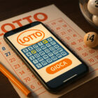 Persona che gioca al Gioco del Lotto online su smartphone e computer, con numeri estratti e luci colorate in stile realistico 3D.