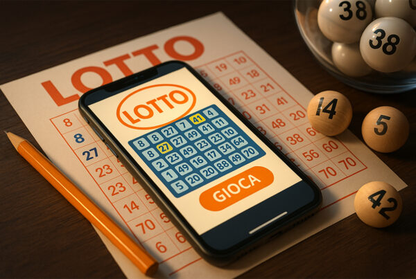 Persona che gioca al Gioco del Lotto online su smartphone e computer, con numeri estratti e luci colorate in stile realistico 3D.