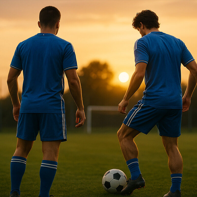Due giovani calciatori italiani in divisa azzurra si allenano su un campo da calcio al tramonto, simbolo della nuova generazione dei giovani della Nazionale Italiana.