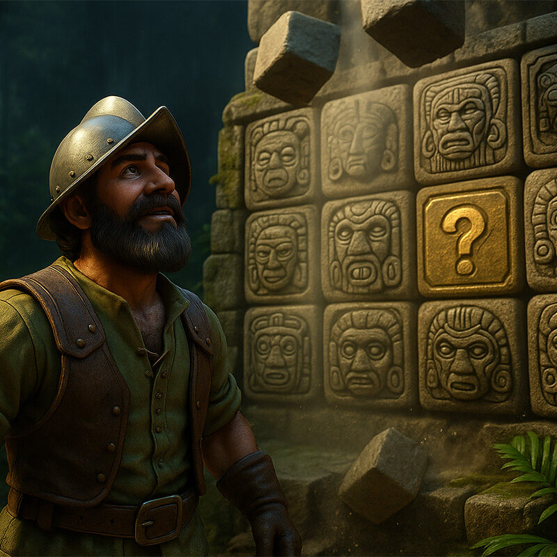 Illustrazione 3D iperrealistica di Gonzo davanti a un tempio Maya, con blocchi di pietra e simboli della slot Gonzo’s Quest.