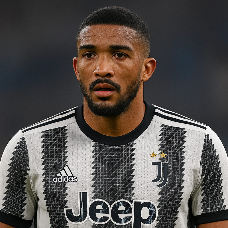 Bremer della Juventus in primo piano con la maglia bianconera, espressione concentrata durante una partita allo Stadium.