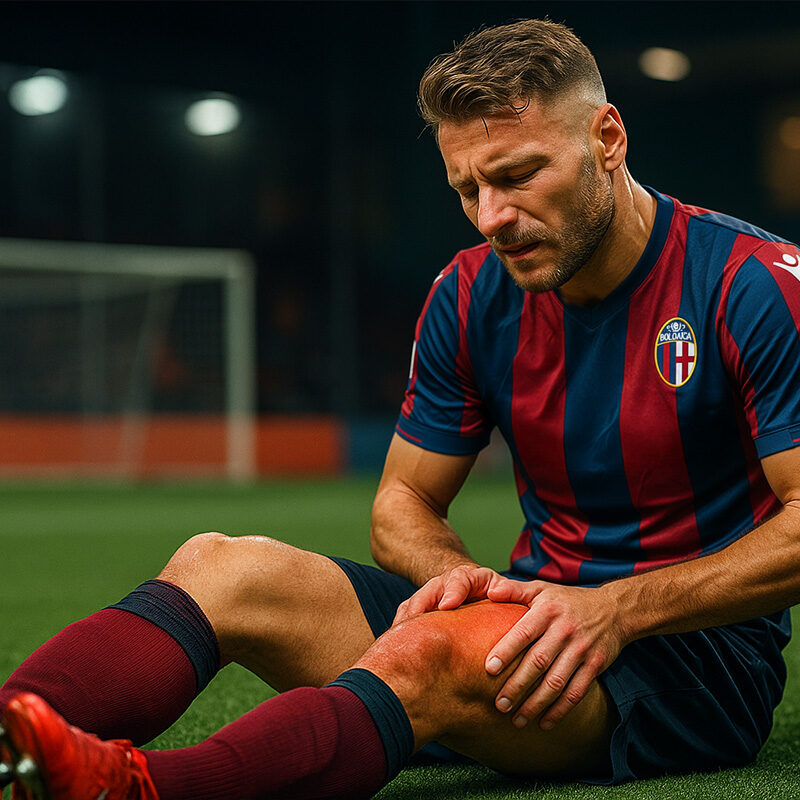 Ciro Immobile dolorante al ginocchio durante un allenamento con il Bologna, simbolo del recente infortunio e del suo imminente rientro in campo.