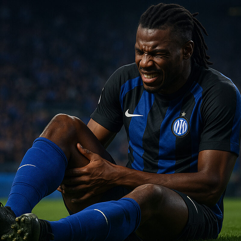 Marcus Thuram dell’Inter dolorante per un infortunio muscolare durante una partita di Serie A, sul prato dello stadio, in maglia nerazzurra, illuminato da luce cinematografica realistica.