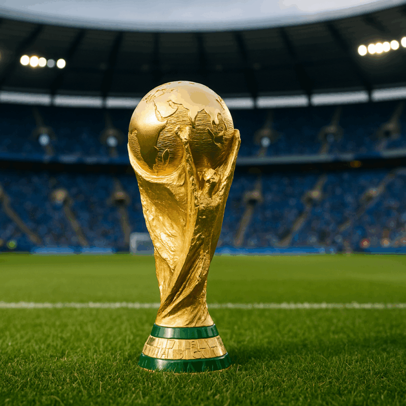 Trofeo dorato al centro di uno stadio di calcio illuminato, simbolo della vittoria e dell’obiettivo Italia Qualificazione Mondiale.