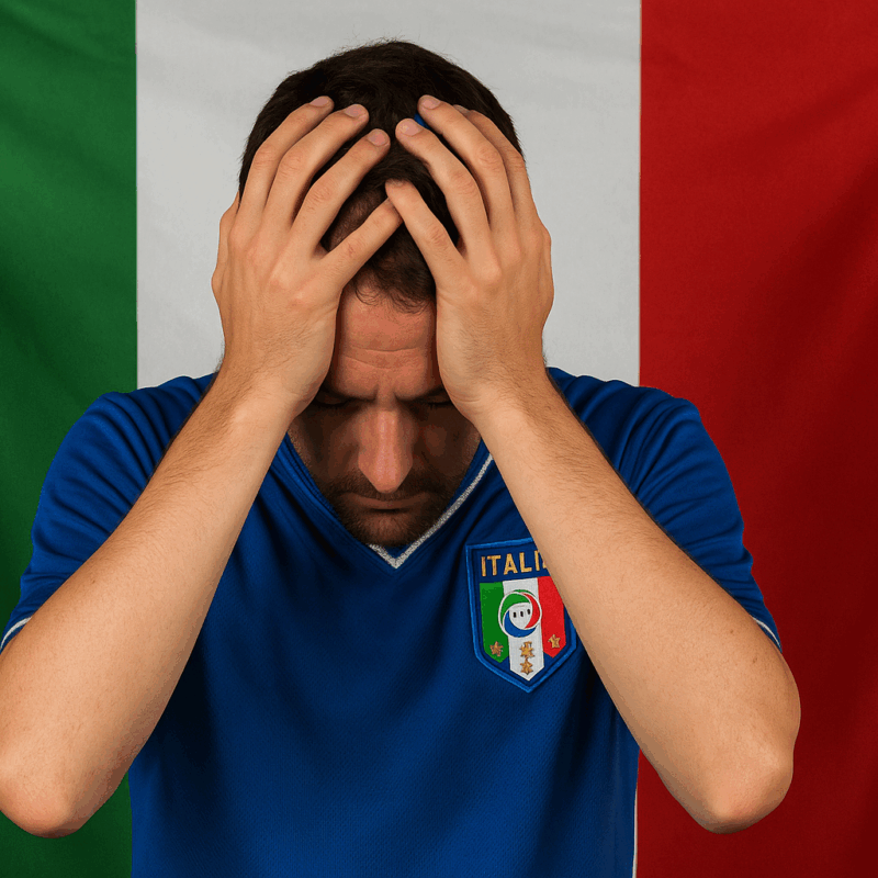 Uomo con maglia della Nazionale italiana, visibilmente deluso, davanti alla bandiera tricolore — concetto di Italia non qualificata ai Mondiali.