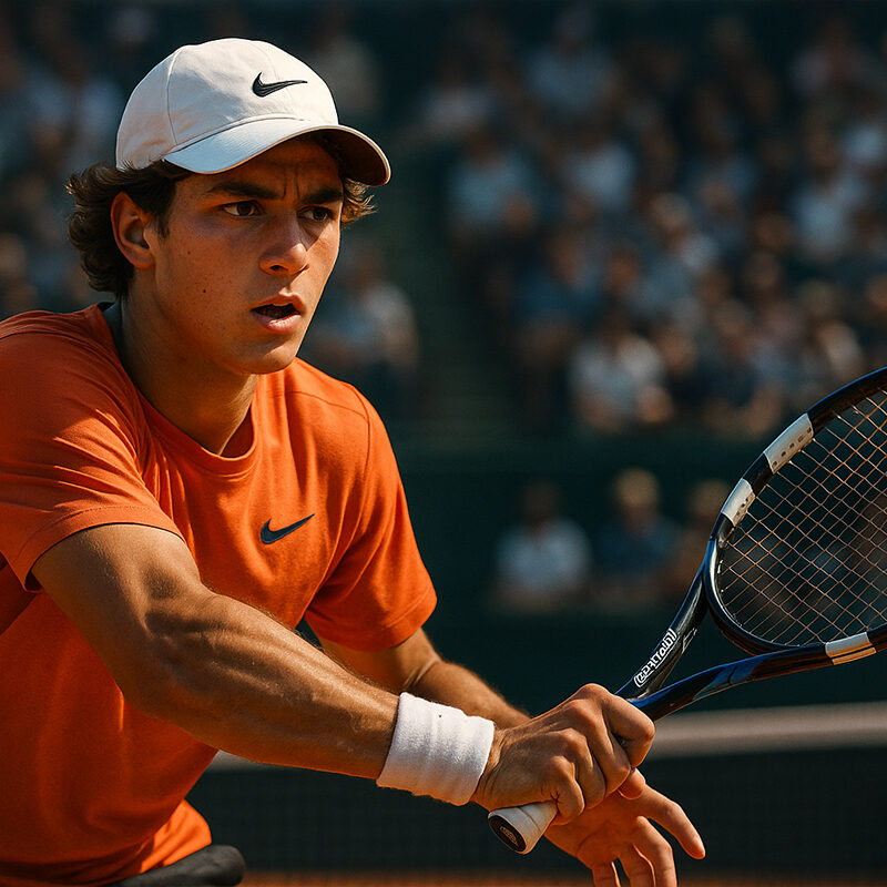 Joao Fonseca colpisce un dritto potente durante un match di tennis, espressione concentrata, stile realistico e luce cinematica, in un torneo su campo in cemento.