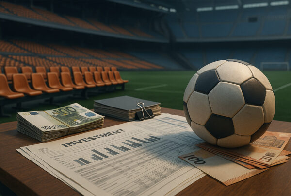 Calcio e finanza: pallone da calcio accanto a mazzette di euro e documenti sugli investimenti in uno stadio vuoto, simbolo degli investimenti sbagliati Juve e del declino economico sportivo.