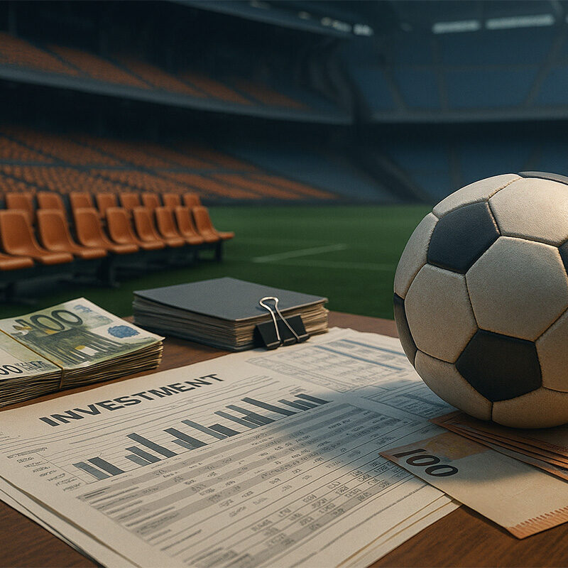 Calcio e finanza: pallone da calcio accanto a mazzette di euro e documenti sugli investimenti in uno stadio vuoto, simbolo degli investimenti sbagliati Juve e del declino economico sportivo.