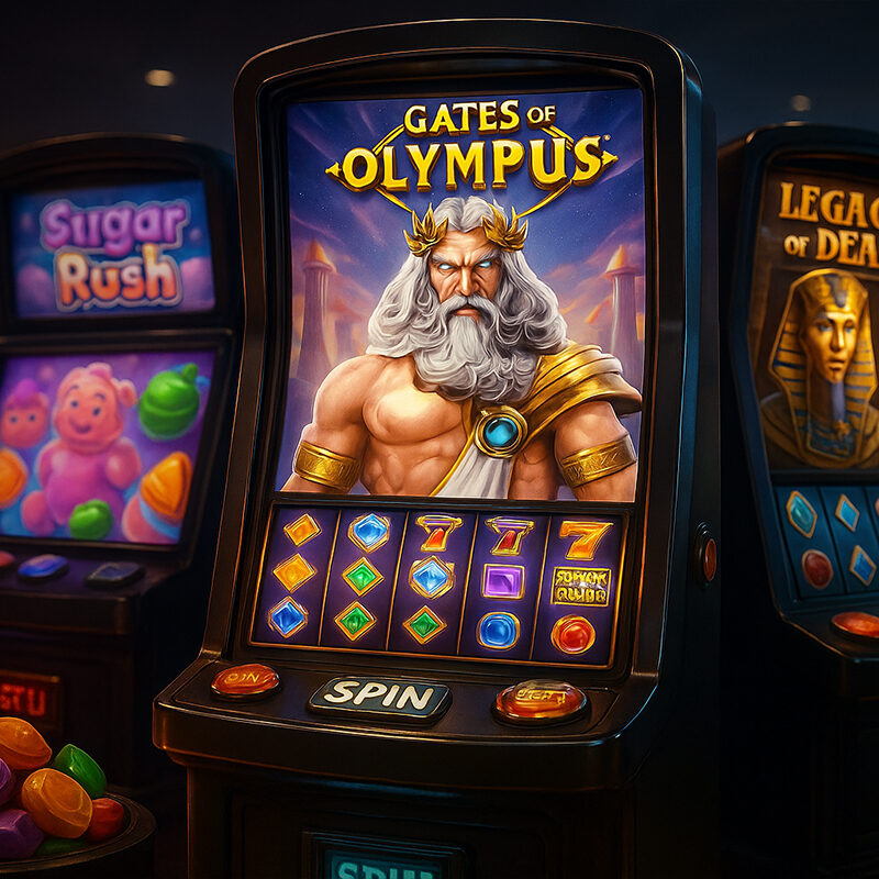 Slot più giocate 2025 in un casinò online realistico, con slot machine digitali luminose, simboli frutta, libri d’oro e divinità greche in stile 3D iperrealistico.