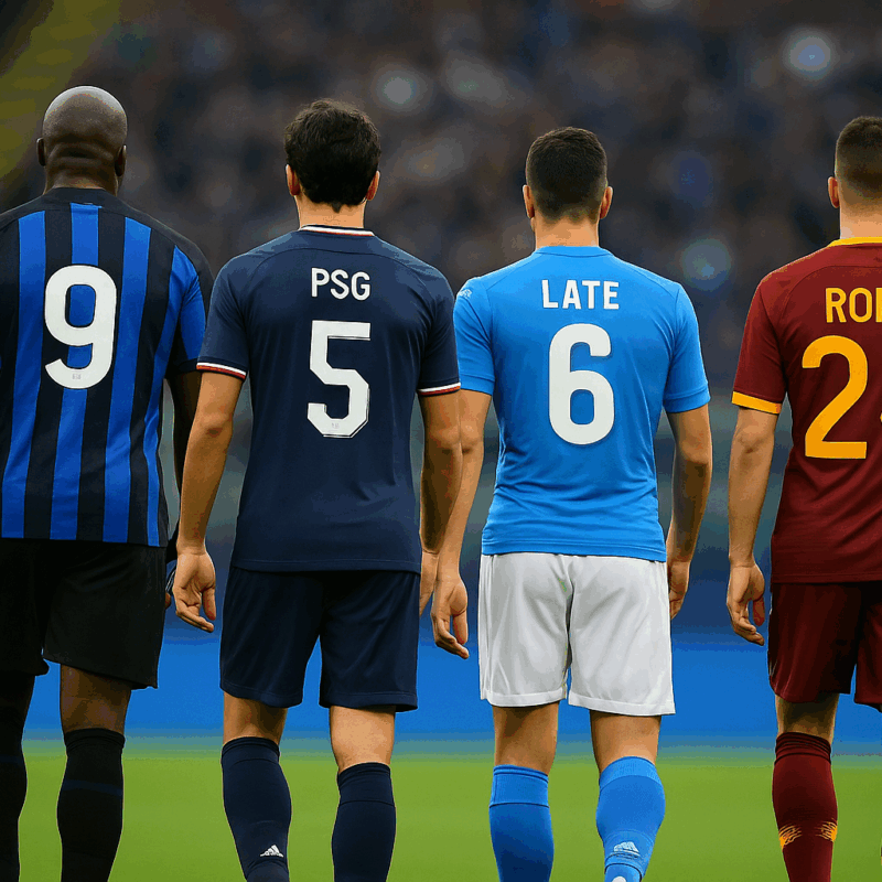 Calciatori di Inter, PSG, Napoli e Roma di spalle che lasciano il campo dopo Le peggiori sconfitte in Champions, con atmosfera malinconica e stadio illuminato.