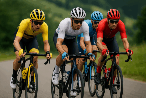 Gruppo di ciclisti professionisti che affrontano una salita durante Le tappe Tour de France 2026, con divise colorate e panorama montano sullo sfondo.