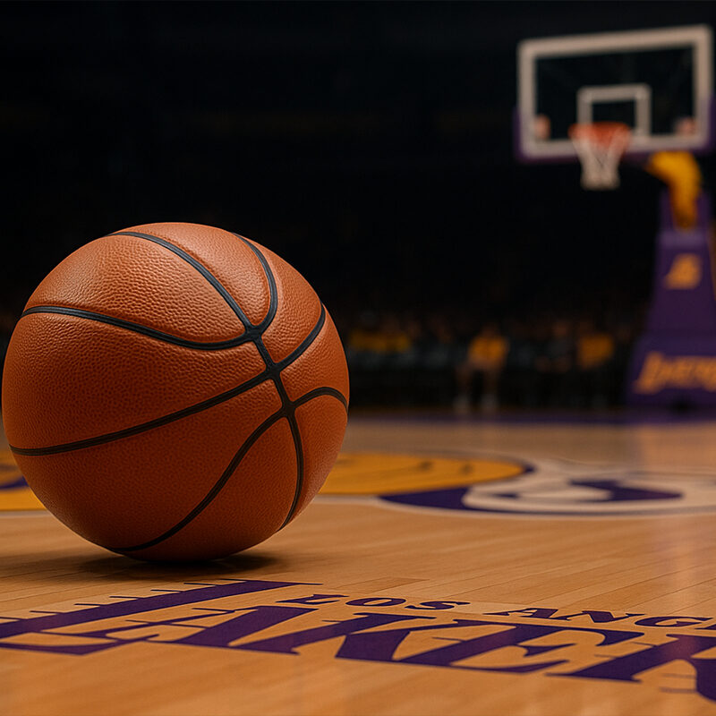 Campo da basket dei Los Angeles Lakers illuminato, con una palla in primo piano sul parquet dorato. Sullo sfondo il canestro e i colori iconici giallo e viola. Immagine simbolica della stagione 23 di LeBron James, emblema di leadership e longevità sportiva.