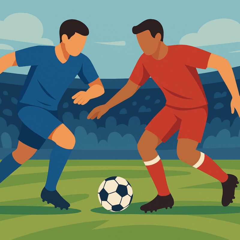 Illustrazione stilizzata di due giovani calciatori che si sfidano su un campo da calcio, con sfondo moderno e colori vivaci