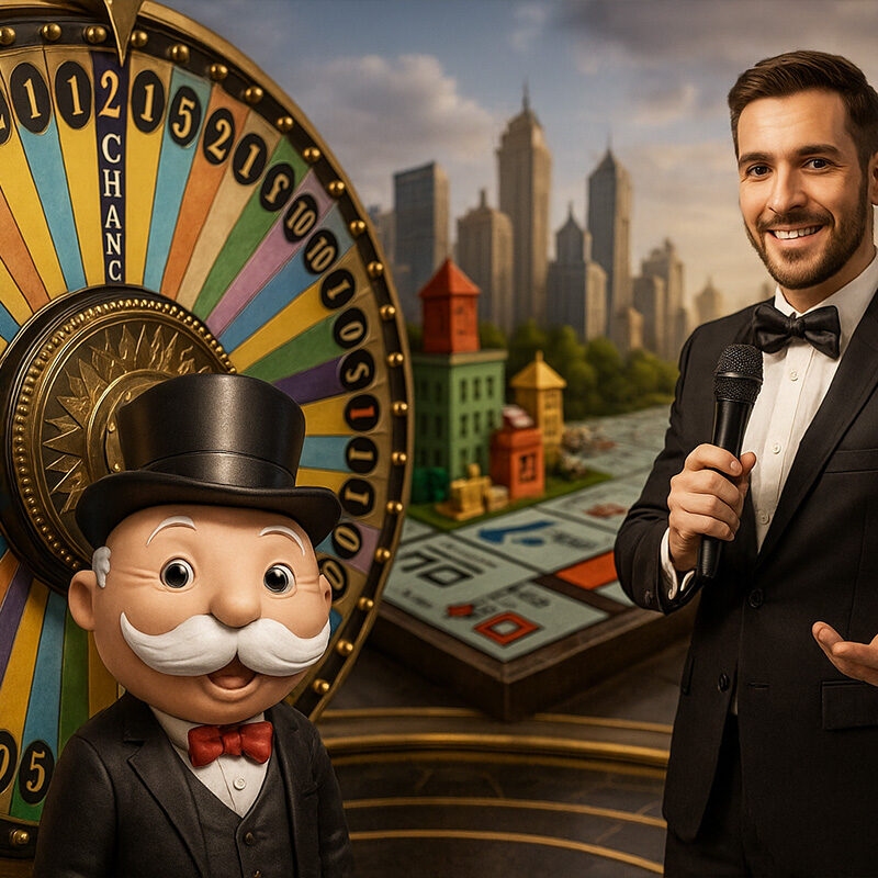 Illustrazione 3D iperrealistica di Monopoly Live con Mr. Monopoly davanti alla ruota della fortuna e tabellone 3D.