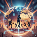 Illustrazione iperrealistica della globalizzazione NBA con giocatori in azione attorno a un globo luminoso, simbolo dell’espansione mondiale del basket americano e del contratto da 76 miliardi di dollari.