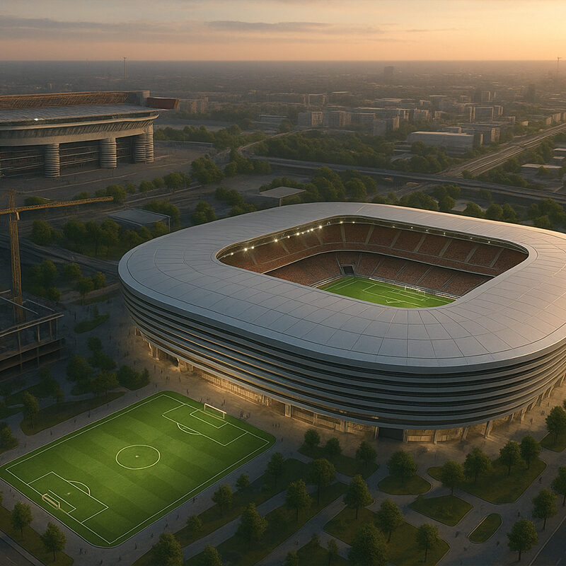 Veduta aerea iperrealistica dei nuovi stadi in Italia, con un moderno impianto sportivo illuminato e architettura innovativa ispirata a San Siro e Roma, simbolo della rinascita del calcio italiano.