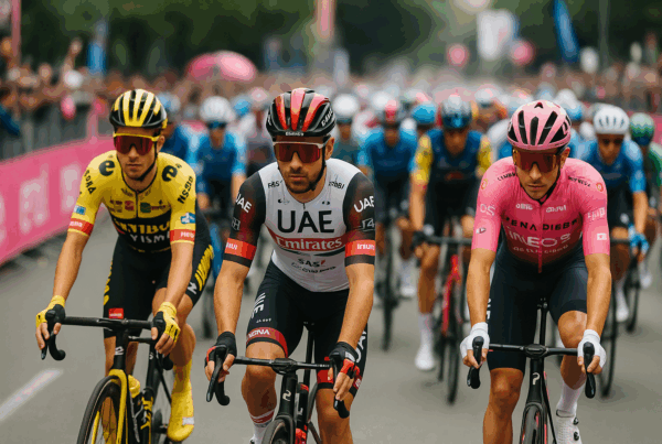 Ciclisti professionisti alla partenza del Giro d’Italia, con il pubblico festante e le montagne sullo sfondo durante la luce dell’alba, simbolo dell’unione tra sport, economia e passione italiana.