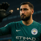 Gianluigi Donnarumma tra i portieri italiani storici in maglia Manchester City durante una parata in uno stadio illuminato.