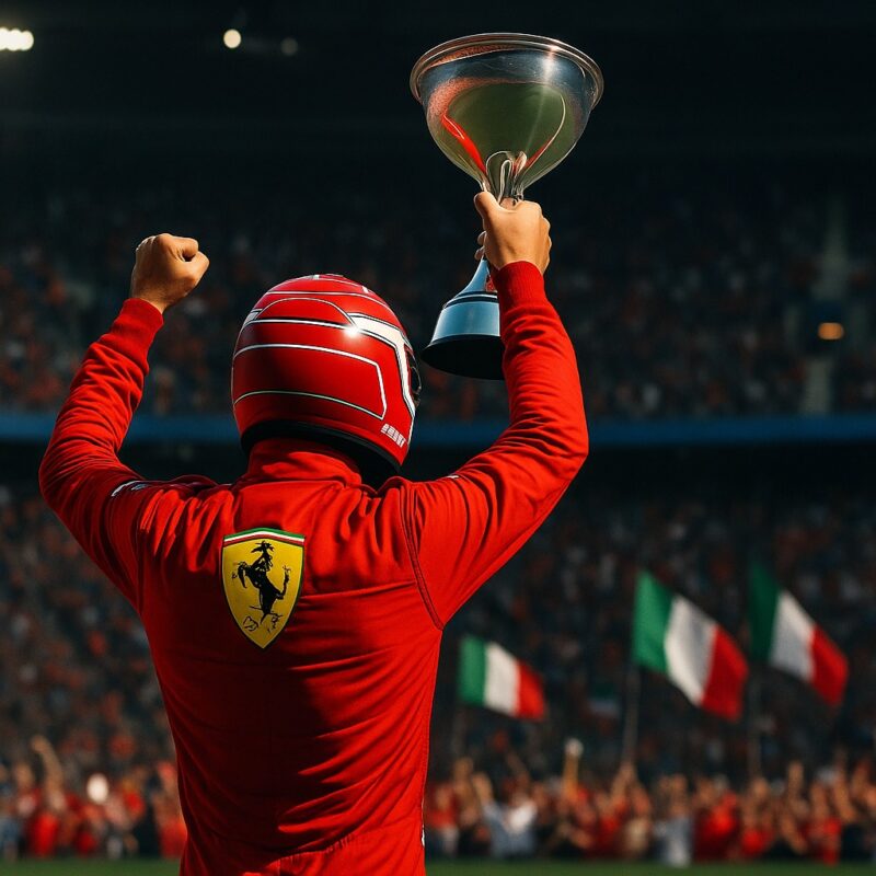Il pilota Ferrari con tuta rossa alza un trofeo davanti ai tifosi, simbolo del successo e dell’immagine legata a quanto guadagna Leclerc nella Formula 1 moderna.