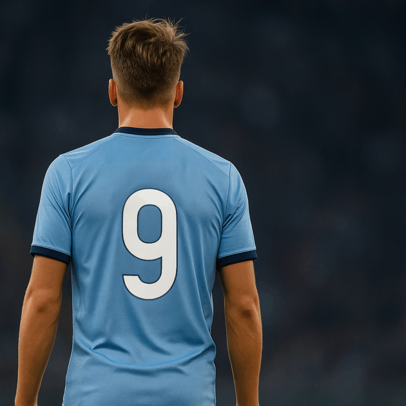 Giocatore di calcio visto di spalle con maglia azzurra e numero 9 in campo, immagine ispirata a Quanto guadagna Retegui e al calcio italiano moderno.