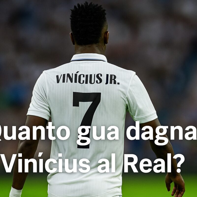 Un calciatore che assomiglia a Vinicius Jr visto di spalle, con la maglia bianca del Real Madrid e il numero 7 stampato in nero, cammina in campo durante una partita in uno stadio gremito. In sovrimpressione appare la scritta Quanto guadagna Vinicius Jr Real Madrid? in caratteri bianchi grandi al centro dell’immagine.