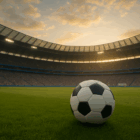 Pallone al centro di uno stadio al tramonto che simboleggia quanto guadagna l’Inter e la sua crescita economica nel calcio moderno.