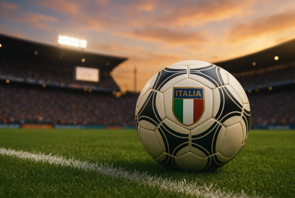 Pallone da calcio con stemma dell’Italia su un campo verde illuminato al tramonto durante i Mondiali, simbolo della Nazionale Italiana e dello spirito sportivo azzurro.