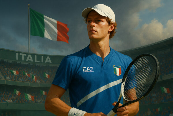 Jannik Sinner in maglia azzurra sul campo da tennis durante la Coppa Davis, con la bandiera italiana sullo sfondo e atmosfera realistica, simbolo dell’orgoglio sportivo nazionale.