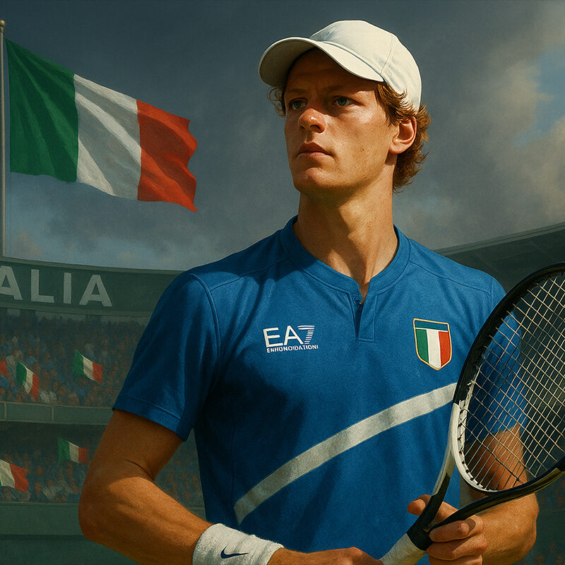 Jannik Sinner in maglia azzurra sul campo da tennis durante la Coppa Davis, con la bandiera italiana sullo sfondo e atmosfera realistica, simbolo dell’orgoglio sportivo nazionale.