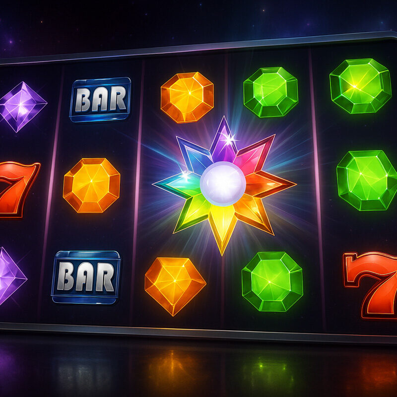Starburst Slot di NetEnt con gemme colorate, simboli 7 e Bar, e Wild stella multicolore su sfondo spaziale iperrealistico