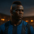 Ritratto realistico di Mario Balotelli in campo da calcio, con espressione concentrata e maglia nerazzurra, illuminato dalle luci dello stadio — rappresentazione cinematografica della storia di Mario Balotelli.