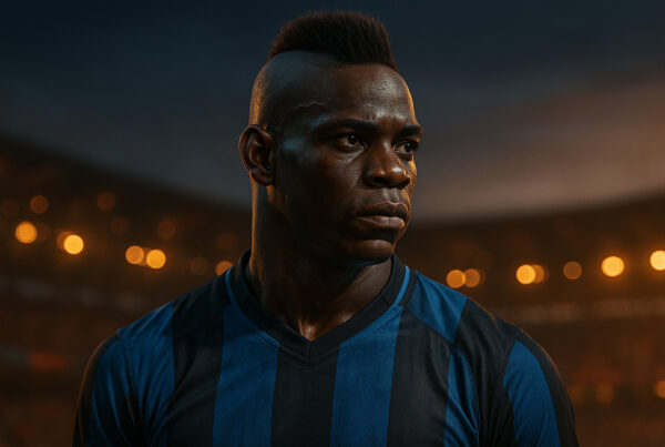 Ritratto realistico di Mario Balotelli in campo da calcio, con espressione concentrata e maglia nerazzurra, illuminato dalle luci dello stadio — rappresentazione cinematografica della storia di Mario Balotelli.