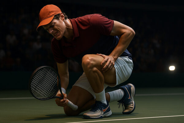 Tennista stanco inginocchiato sul campo dopo un match intenso, si regge con la racchetta in mano, illuminato da luci drammatiche. Scena realistica sul tennis moderno e la fatica degli atleti.