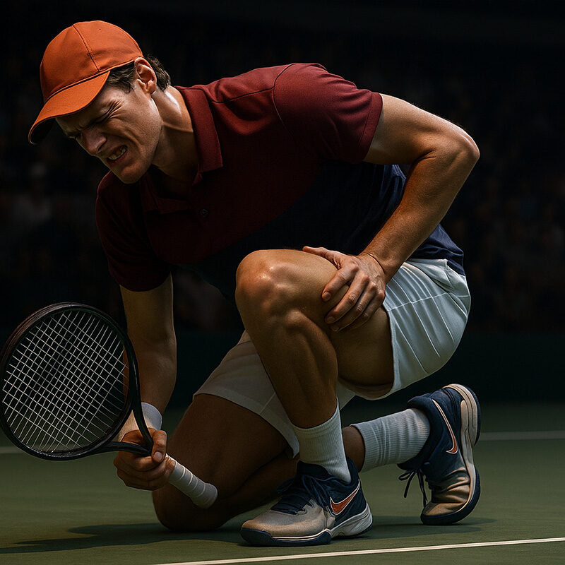 Tennista stanco inginocchiato sul campo dopo un match intenso, si regge con la racchetta in mano, illuminato da luci drammatiche. Scena realistica sul tennis moderno e la fatica degli atleti.