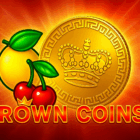 Illustrazione luminosa con moneta dorata e frutti tipici delle slot che rappresenta la vincita su Crown Coins su Quigioco.it