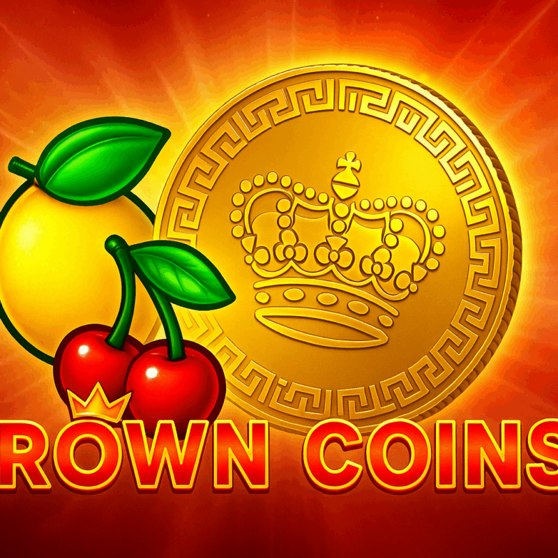 Illustrazione luminosa con moneta dorata e frutti tipici delle slot che rappresenta la vincita su Crown Coins su Quigioco.it