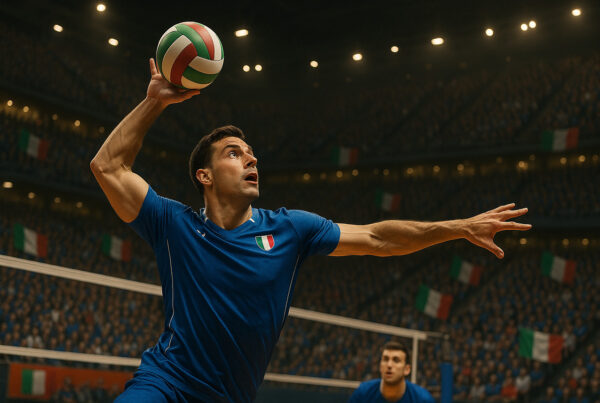 Giocatore del Volley Italiano in azione durante una partita in un’arena gremita, con pubblico entusiasta e bandiere tricolori sullo sfondo, simbolo della crescita e del successo del movimento pallavolistico italiano.