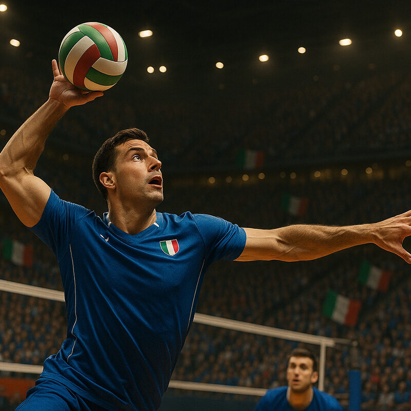 Giocatore del Volley Italiano in azione durante una partita in un’arena gremita, con pubblico entusiasta e bandiere tricolori sullo sfondo, simbolo della crescita e del successo del movimento pallavolistico italiano.