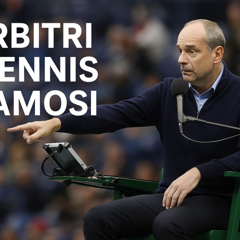 Un arbitro di tennis seduto su una sedia alta durante una partita, vestito con maglione blu e camicia chiara, indica con il braccio destro un segno “fuori” mentre osserva attentamente il campo; sullo sfondo il pubblico in uno stadio moderno e la scritta arbitri tennis famosi in caratteri bianchi grandi sulla sinistra