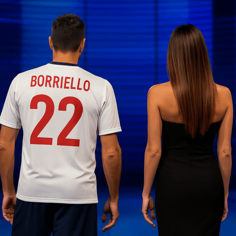 Belen e Borriello di spalle in uno studio televisivo, lui con maglia da calciatore, lei in abito elegante.