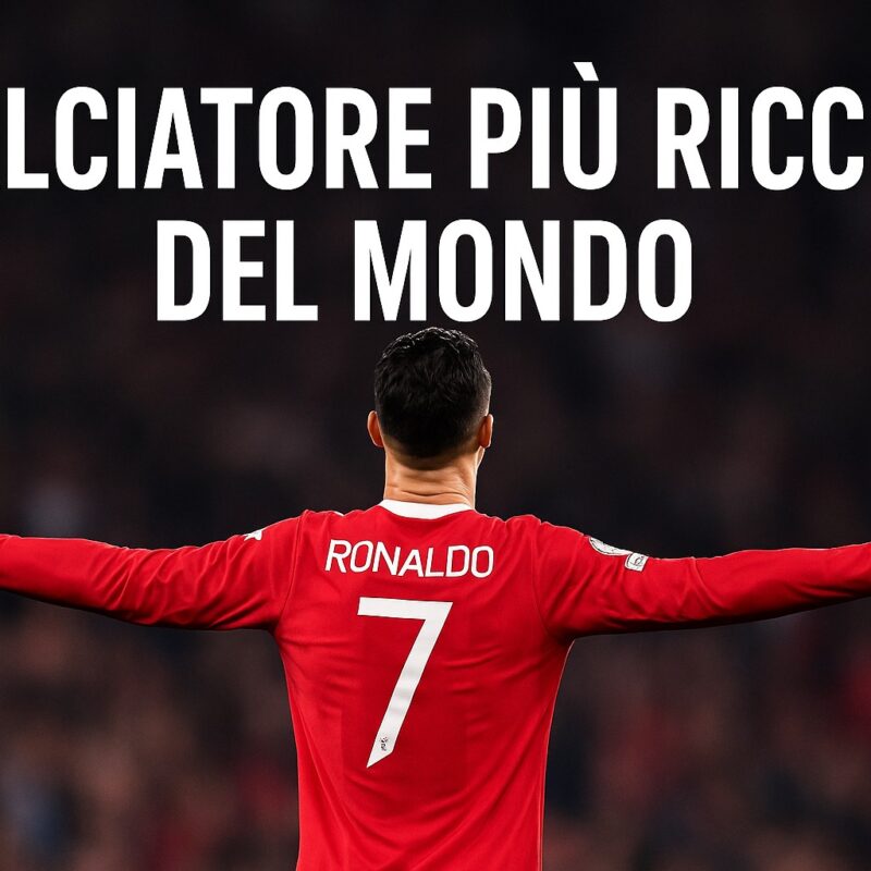 Cristiano Ronaldo di spalle nella sua iconica esultanza a braccia larghe davanti a uno stadio gremito, con la scritta Calciatore più ricco del mondo in alto, simbolo del suo primato economico e sportivo